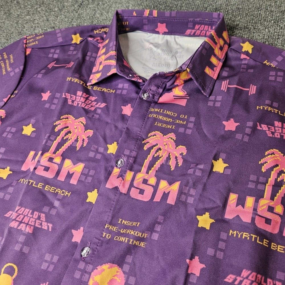 Worlds Strongest Man Button Up Shirt Size Medium Myrtle Beach Purple WSM